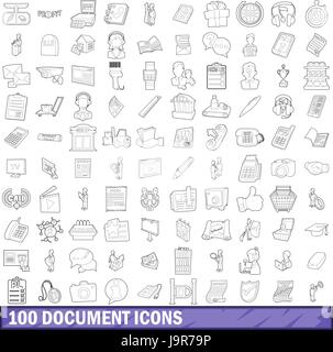 100 document icons set style du contour, Illustration de Vecteur