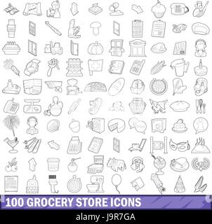 100 icons set épicerie style du contour, Illustration de Vecteur