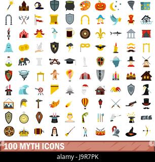 100 mythe icons set, style plat Illustration de Vecteur