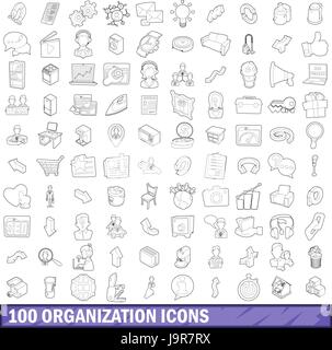 Organisation 100 icons set style du contour, Illustration de Vecteur