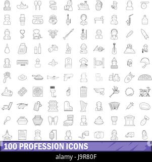 100 profession icons set style du contour, Illustration de Vecteur