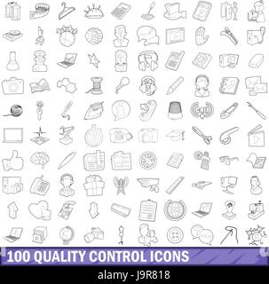 100 le contrôle de la qualité, l'ensemble des icônes de style contour Illustration de Vecteur
