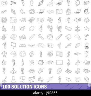 Solution 100 icons set style du contour, Illustration de Vecteur