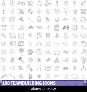 100 icons set teambuilding style du contour, Illustration de Vecteur