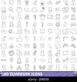 100 d'équipe icons set style du contour, Illustration de Vecteur