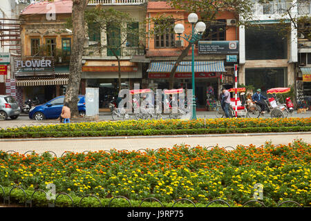 Les fleurs, les pousse-pousse, et de boutiques, vieux quartier, Hanoi, Vietnam Banque D'Images