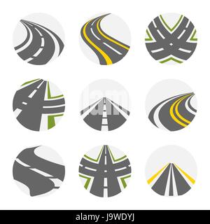 Curving Road Vector Set. Logo routes mis en couleur gris avec des images des routes suburbaines Curvy isolé avec fourchette tourne Illustration de Vecteur