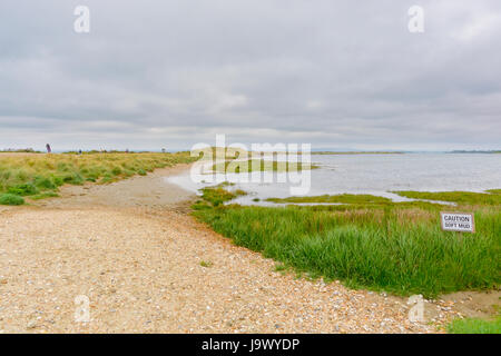 Lac et marais se trouvent derrière les dunes de sable sur la plage de West Wittering. Les gens qui marchent sur un chemin autour du bord du lac. Banque D'Images