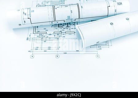 Plan d'architecture et de rouleaux de dessins techniques de nouvelle maison Banque D'Images
