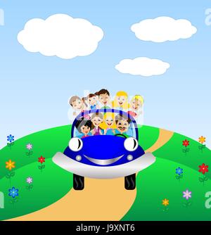 Famille aller par le repos en voiture bleue,vector illustration Illustration de Vecteur