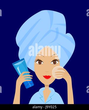 Jeune femme avec le tube de crème dans une main, vector illustration Illustration de Vecteur