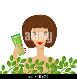 Jeune femme avec le tube de crème dans une main, vector illustration Illustration de Vecteur