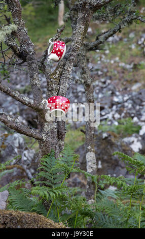 Tasses de Thé rouge et blanc accroché dans un arbre sur l'île d'Kerrara en Ecosse, marquant le chemin vers le jardin de thé Kerrera et bunkhouse Banque D'Images