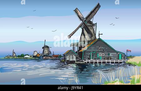 Vecteur graphique dessin gravure illustration couleur de moulin à eau à Amsterdam (Pays-Bas, Hollande). Vector isolé sur un fond blanc. Illustration de Vecteur