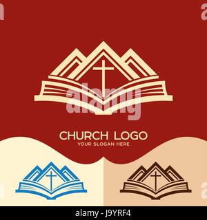 Logo de l'église. Cristian symboles. Croix de Jésus, la Bible et les montagnes Illustration de Vecteur