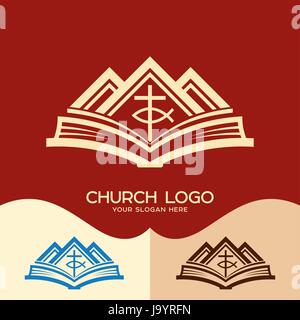 Logo de l'église. Cristian symboles. Croix de Jésus, la Bible et les montagnes Illustration de Vecteur