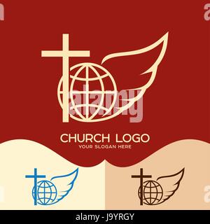 Logo de l'église. Cristian symboles. Croix de Jésus, globe et angel wing Illustration de Vecteur