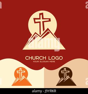 Logo de l'église. Cristian symboles. Croix de Jésus et les montagnes Illustration de Vecteur