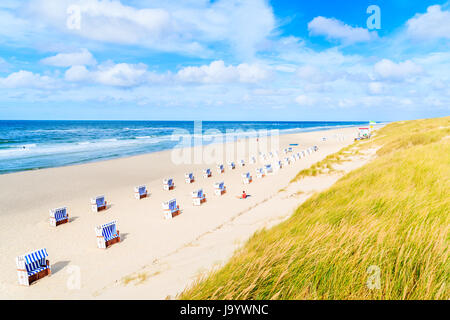 Des chaises sur la plage de sable, l'île de Sylt Liste village, Mer du Nord, Allemagne Banque D'Images