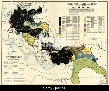 Carte dessinée à partir de sources allemandes montrant nationalités sous réserve de l'Allemagne et ses alliés à la fin de la Première Guerre mondiale, Londres, Angleterre, 1918. Banque D'Images