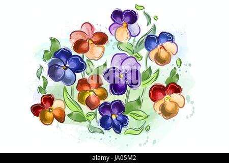 Vector illustration d'aquarelle fleurs violettes et pansy et les feuilles Illustration de Vecteur