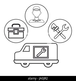 Contour dessin véhicule avec des icônes dans la plomberie du châssis circulaire Illustration de Vecteur