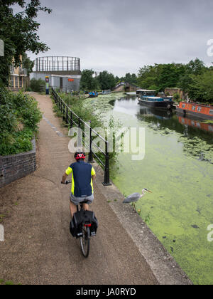 Londres, Angleterre - 15 juillet 2016 : Un cycliste passe un héron sur le Grand Union Canal de halage à Ladbroke Grove à l'ouest de Londres. Banque D'Images