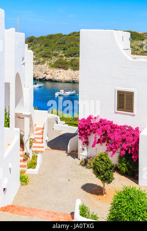 Maisons traditionnelles blanches décorées de fleurs avec vue sur la mer sur le bateau de pêche dans la baie de Cala Portinatx, Ibiza island, Espagne Banque D'Images