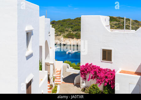 Maisons traditionnelles blanches décorées de fleurs avec vue sur la mer sur le bateau de pêche dans la baie de Cala Portinatx, Ibiza island, Espagne Banque D'Images