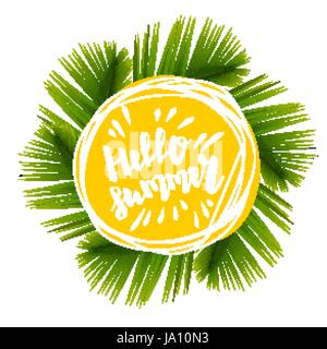 Bonjour l'heure d'été de la bande dessinée de lettrage de la police du texte dans la bulle jaune. Eco, bio partie label tag publicité. Vector illustration couleur isolé sur whi Illustration de Vecteur