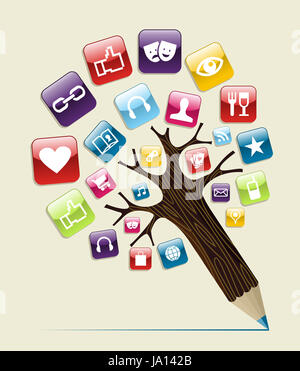 Social media icons brillant concept boutons arbre crayon. Couches d'illustration vectorielle pour une manipulation facile et coloris. Banque D'Images