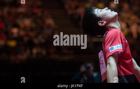 Düsseldorf, Allemagne. 4 juin, 2017. Tomokazu Harimoto (Japon) jouant Xu (Chine) dans le quart de finale du tournoi de tennis de table au Championnat du monde à Duesseldorf, Allemagne, 4 juin 2017. Photo : Jonas Güttler/dpa/Alamy Live News Banque D'Images