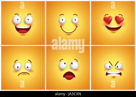 Funny Smileys vector poster fond d'artifices ensemble avec différentes expressions du visage et des émotions. Vector illustration. Illustration de Vecteur