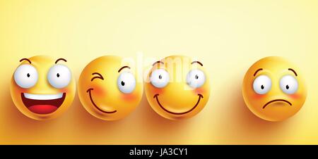 Funny Smileys vector faces avec sourire heureux avec un malheureux séparés et triste en fond jaune. Vector illustration. Illustration de Vecteur