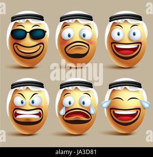 L'homme arabe Arabie vecteur visages oeufs set portant l'agal et ghutrah ou robe de la tête avec des expressions faciales et des émotions qu'une émoticône. Vector illustration Illustration de Vecteur