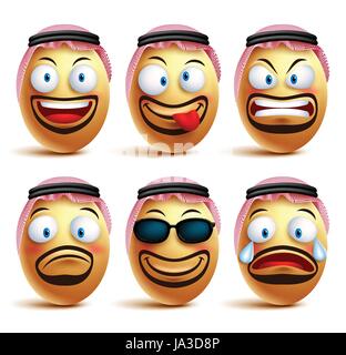 L'Arabie arabe visages d'oeufs jeu de vector portant l'agal et ghutrah ou robe de la tête avec des expressions faciales et des émotions qu'une émoticône. Illustration de Vecteur