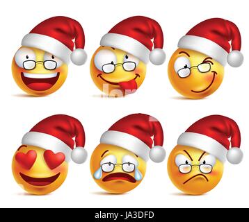 Vector Set de smileys émoticônes jaune du Père Noël avec des expressions faciales et Noël hat en brillant isolé en fond blanc. Illustration de Vecteur