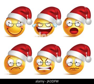 Smiley Face de Père Noël émoticônes jaune avec ensemble d'expressions faciales pour Noël en brillant isolé en fond blanc. Vector Illustration Illustration de Vecteur