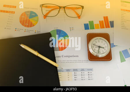 Concept d'entreprise de travail de bureau et graphiques d'analyse et de l'horloge sur la table Banque D'Images