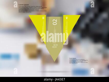 Illustration infographie template avec motif de triangle divisé verticalement en trois sections jaune décalé avec simple signe, le nombre et l'échantillon de texte. Illustration de Vecteur