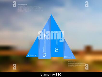 Illustration infographie template avec motif de triangle divisé verticalement décalée à quatre sections bleu avec simple signe, le nombre et l'échantillon de texte. Bl Illustration de Vecteur