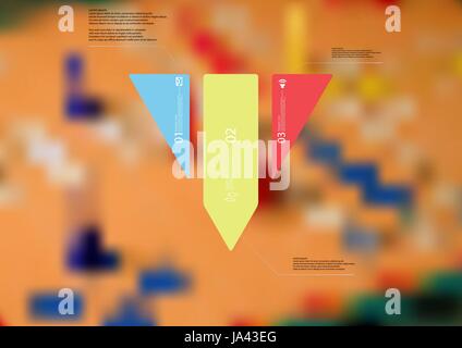 Illustration infographie template avec motif de triangle divisé verticalement en trois sections autonomes couleur avec simple signe, nombre et exemples de tex Illustration de Vecteur