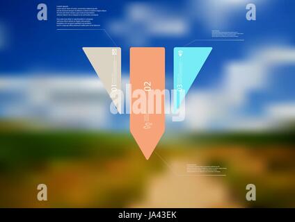 Illustration infographie template avec motif de triangle divisé verticalement en trois sections autonomes couleur avec simple signe, nombre et exemples de tex Illustration de Vecteur