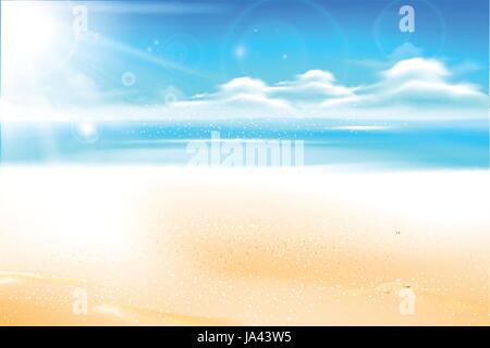 Plage de sable sur le flou de la mer et du ciel avec la lumière du soleil flare et copyspace abstract background vector illustration Illustration de Vecteur