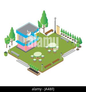 Petit café isométrique avec tables et chaises et de l'alimentation. vector illustration. Illustration de Vecteur