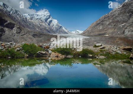 Lac glaciaire bleu : dans le miroir d'eau reflète ciel clair avec des nuages blancs, des plantes vertes le long du bord de l'eau et de gigantesques montagnes de glace haut autour, Zanskar, Himalaya, l'Inde. Banque D'Images