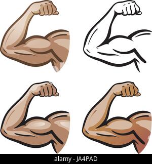 Les hommes forts bras, main, muscles biceps icône ou un symbole. Sport, de la santé, de l'logo de protéines. Cartoon vector illustration Illustration de Vecteur