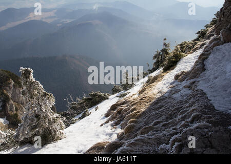 Boisées escarpées couvertes de neige versant alpin donnant sur un panorama de sommets de montagnes et vallées ci-dessous dans un paysage d'hiver Banque D'Images