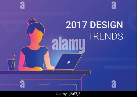 Jeune femme travaillant avec l'ordinateur portable au bureau Illustration de Vecteur