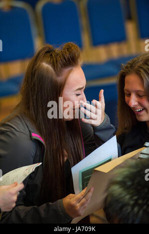 Wirral, UK. Août 24, 2017. Les élèves de l'École secondaire South Wirral célébrer recevoir leurs résultats GCSE. C'est la première année que les étudiants en Angleterre seront assujetties au nouveau système de classement, en remplacement des anciennes classes A à G avec 9 à 1 grades, avec 9 étant le plus élevé. Le nouveau système de classement ne concerne que 3 matières de base ; les mathématiques, l'anglais, langue et littérature anglaise. Crédit : Paul Warburton/Alamy Live News Banque D'Images